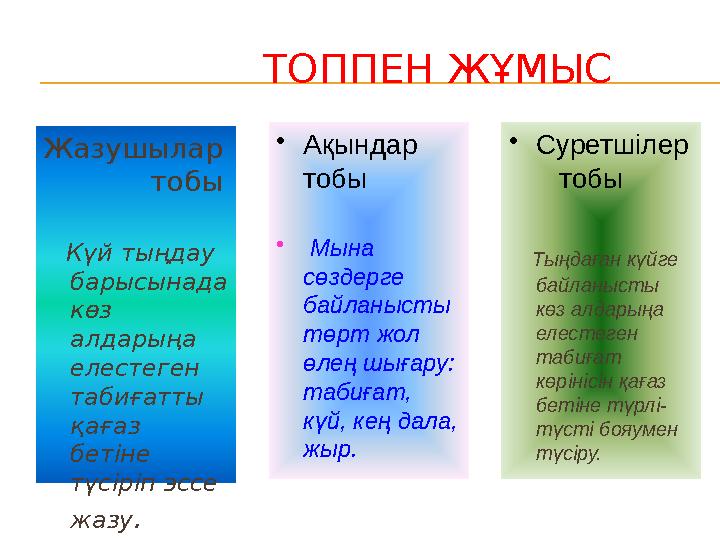 ТОППЕН ЖҰМЫС Жазушылар тобы Күй тыңдау барысынада көз алдарыңа елестеген табиғатты қағ