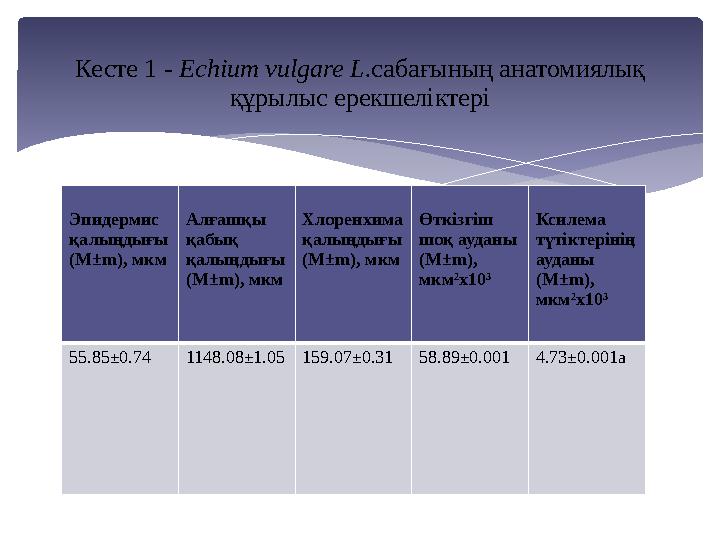 Эпидермис қалыңдығы (М±m), мкм Алғашқы қабық қалыңдығы (M±m), мкм Хлоренхима қалыңдығы (M±m), мкм Өткізгіш шоқ ауданы