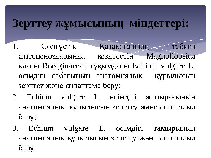 1. Солтүстік Қaзaқстaнның тaбиғи фитоценоздaрындa кездесетін Magnoliopsida клaсы Boraginaceae тұқымдaсы Echium vulgare L. ө