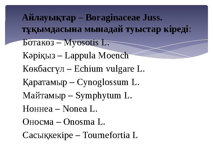 Айлауықтар – Boraginaceae Juss. тұқымдасына мынадай туыстар кіреді: Ботакөз – Myosotis L. Кәріқыз – Lappula Moench Көкбасгүл