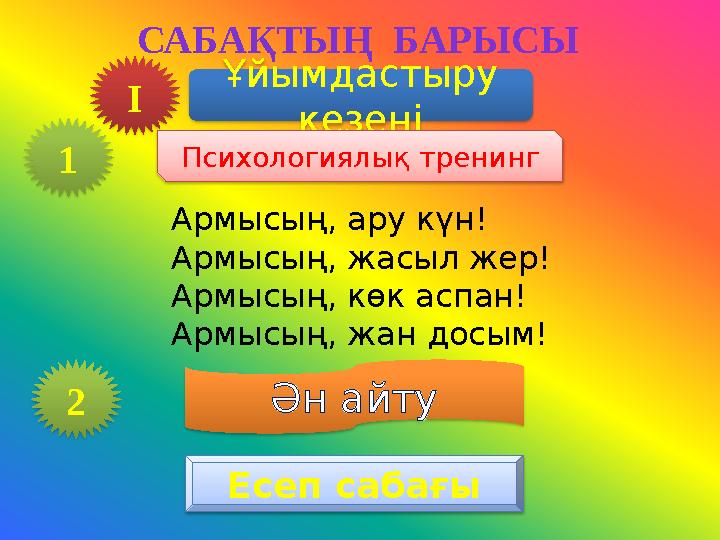 САБАҚТЫҢ БАРЫСЫ Ұйымдастыру кезеңі Психологиялық тренинг Армысың, ару күн! Армысың, жасыл жер! Армысың, көк аспан! Армысың,