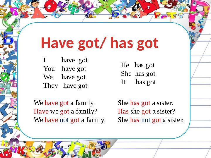 Have got/ has got I have got You have got We have got They have got He has got She has got It has got