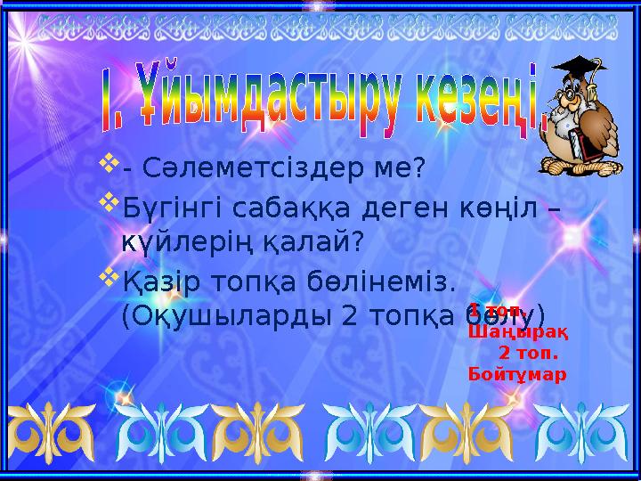  - Сәлеметсіздер ме?  Бүгінгі сабаққа деген көңіл – күйлерің қалай?  Қазір топқа бөлінеміз. (Оқушыларды 2 топқа бөлу) 1 топ