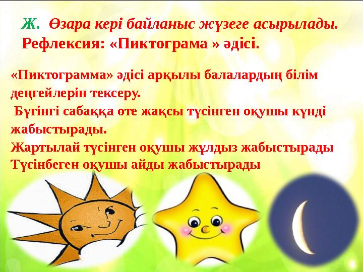 Ж. Өзара кері байланыс жүзеге асырылады. Рефлексия: «Пиктограма » әдісі. «Пиктограмма» әдісі арқылы балалардың білім д