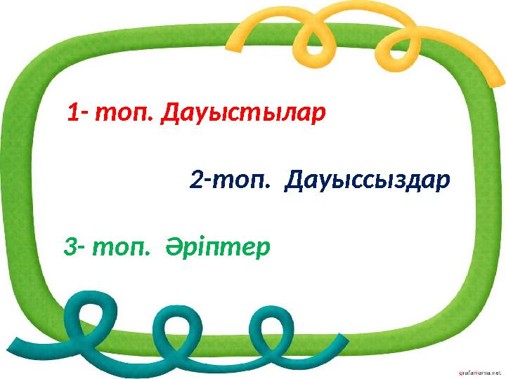 1- топ. Дауыстылар 2-топ. Дауыссыздар 3- топ. Әріптер