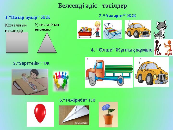 2.“Ажырат” ЖЖ Белсенді әдіс –тәсілдер 1.“Назар аудар” ЖЖ 3.“Зерттейік” ТЖ 4. “Өлше” Жұптық жұмыс 5.“Тәжірибе” ТЖ Қозғалатын