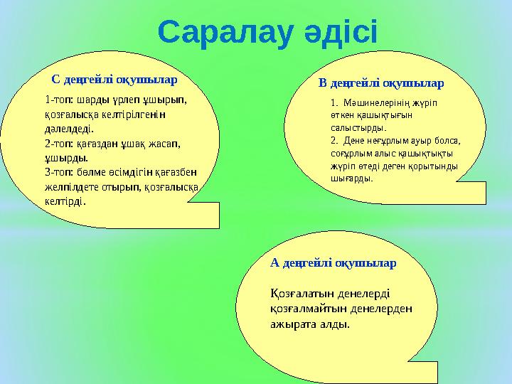 С деңгейлі оқушылар А деңгейлі оқушылар Қозғалатын денелерді қозғалмайтын денелерден ажырата алды. В деңгейлі оқушылар Сара