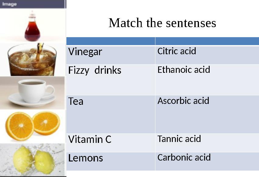 Match the sentenses Vinegar Citric acid Fizzy drinksEthanoic acid Tea Ascorbic acid Vitamin C Tannic acid Lemons Carbonic acid