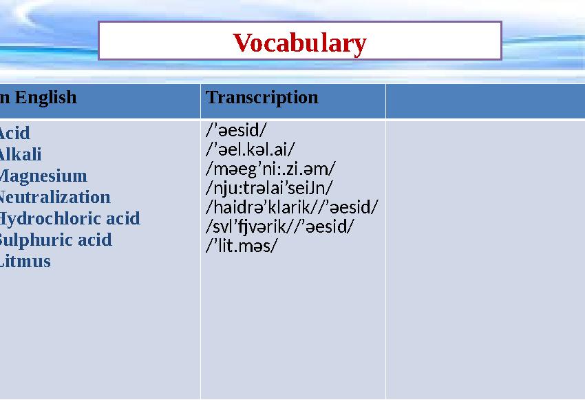 Vocabulary In English Transcription Acid Alkali Magnesium Neutralization Hydrochloric acid Sulphuric acid Litmus /’әesid/ /’ә
