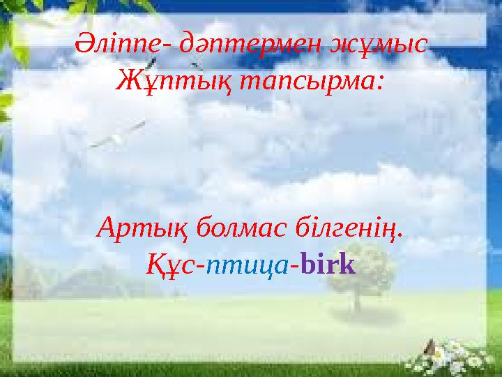 Әліппе- дәптермен жұмыс Жұптық тапсырма: Артық болмас білгенің. Құс-птица-birk