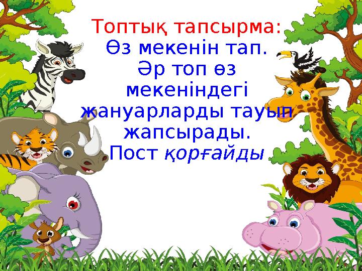 Топтық тапсырма: Өз мекенін тап. Әр топ өз мекеніндегі жануарларды тауып жапсырады. Пост қорғайды