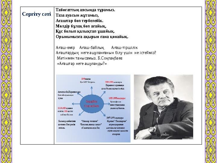 Сергіту сәті Табиғаттың аясында тұрамыз. Таза ауасын жұтамыз, Ағаштар боп тербелейік. Мөлдір бұлақ боп ағайық, Құс болып қалықт