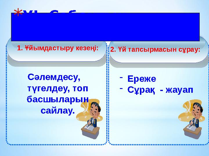 Сәлемдесу, түгелдеу, топ басшыларын сайлау. - Ереже - C ұрақ - жауап* УІ. Сабақтың бөлімдері 1. Ұйымдастыру кезеңі: 2. Үй т