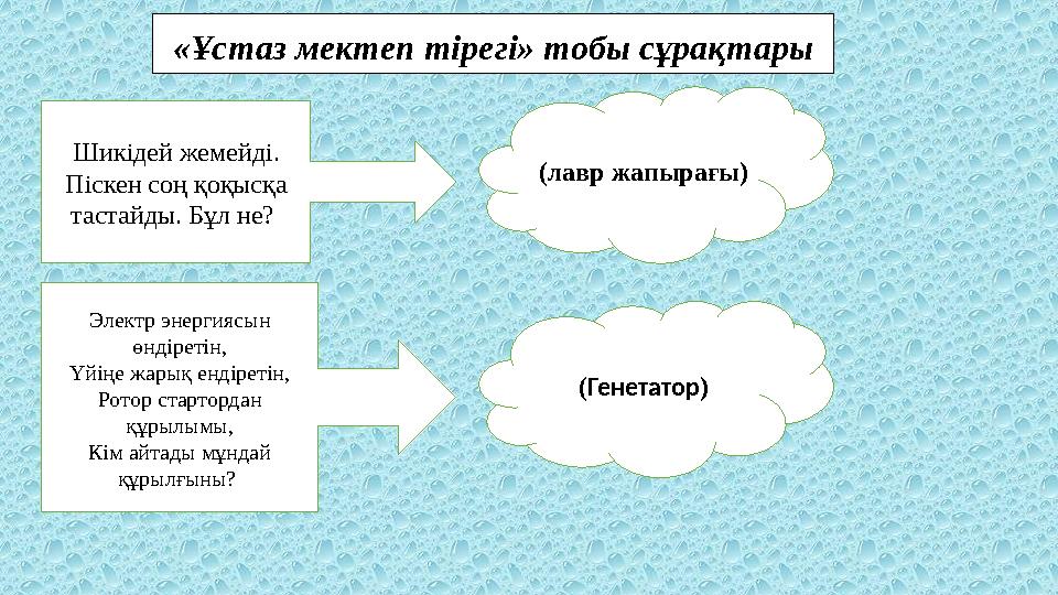 «Ұстаз мектеп тірегі» тобы сұрақтары Шикідей жемейді. Піскен соң қоқысқа тастайды. Бұл не? (лавр жапырағы) Электр энергиясы