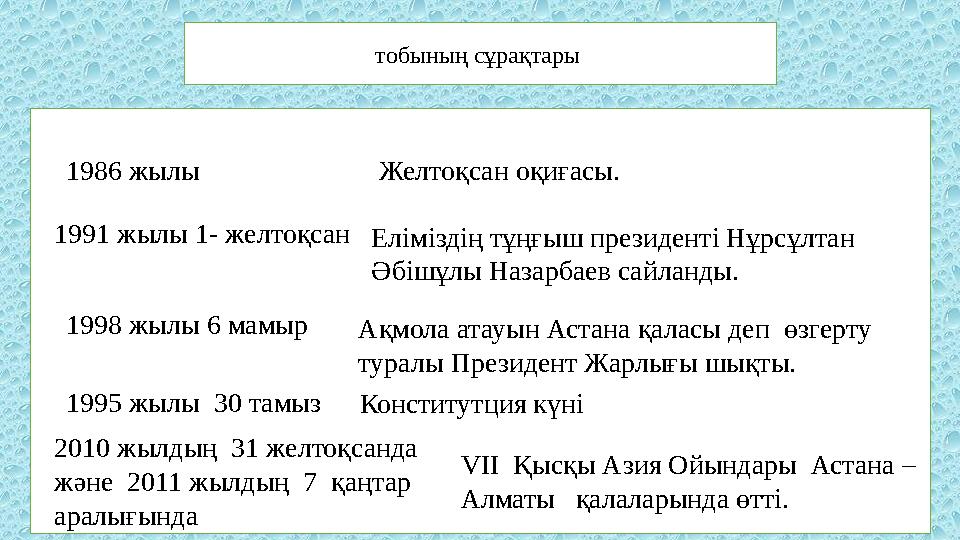 тобының сұрақтары 1986 жылы Желтоқсан оқиғасы. 1991 жылы 1- желтоқсанЕліміздің тұңғыш президенті Нұрсұлтан Әбішұлы Назарбаев