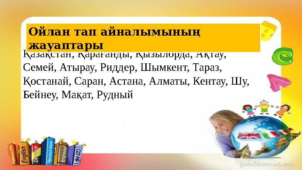Қазақстан, Қарағанды, Қызылорда, Ақтау, Семей, Атырау, Риддер, Шымкент, Тараз, Қостанай, Саран, Астана, Алматы, Кентау, Шу, Б