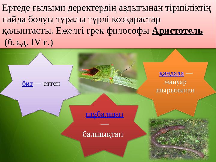 Ертеде ғылыми деректердің аздығынан тіршіліктің пайда болуы туралы түрлі көзқарастар қалыптасты. Ежелгі грек философы Аристот