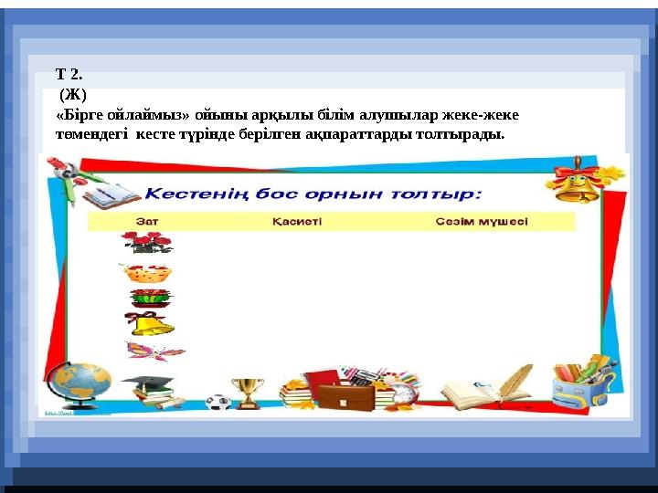 Т 2. (Ж) «Бірге ойлаймыз» ойыны арқылы білім алушылар жеке-жеке төмендегі кесте түрінде берілген ақпараттарды толтырады.