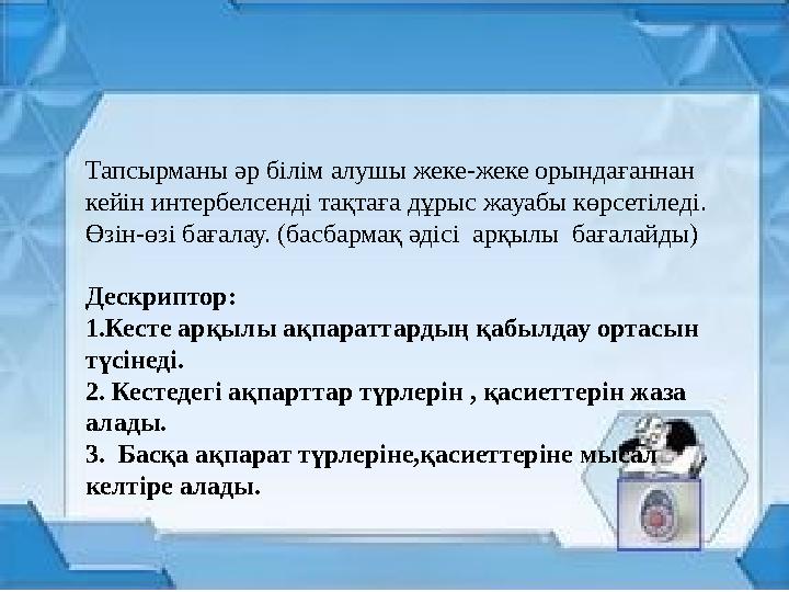 Тапсырманы әр білім алушы жеке-жеке орындағаннан кейін интербелсенді тақтаға дұрыс жауабы көрсетіледі. Өзін-өзі бағалау. (басба