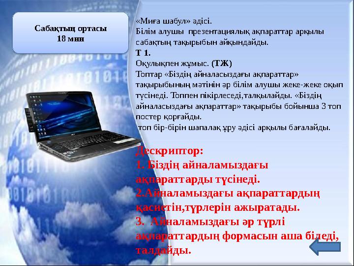 «Миға шабул» әдісі. Білім алушы презентациялық ақпараттар арқылы сабақтың тақырыбын айқындайды. Т 1. Оқулықпен жұмыс. (ТЖ)