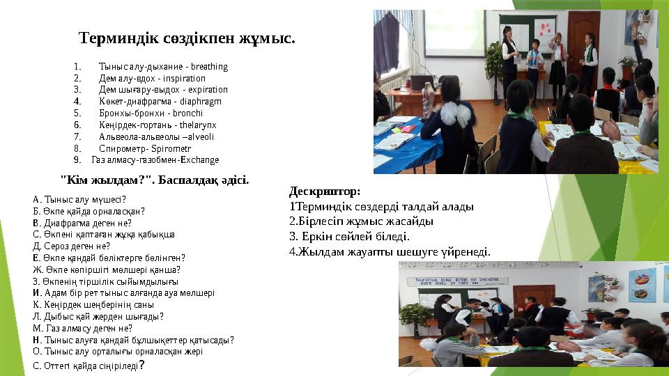 1.Тыныс алу-дыхание - breathing 2.Дем алу-вдох - inspiration 3.Дем шығару-выдох - expiration 4.Көкет-диафрагма -