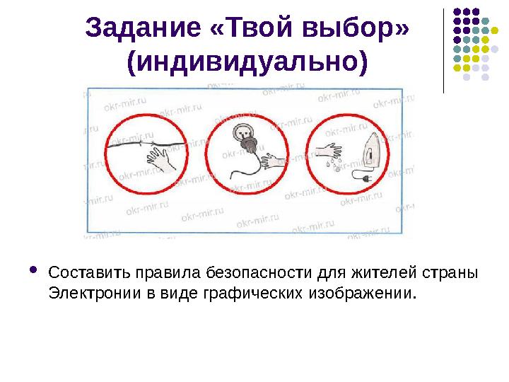 Задание «Твой выбор» (индивидуально)  Составить правила безопасности для жителей страны Электронии в виде графических изоб