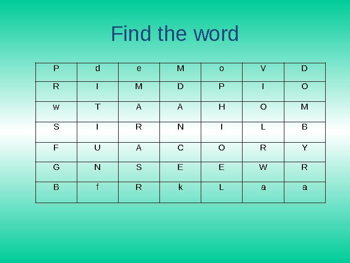 Find the word P d e M o V D R I M D P I O w T A A H O M S I R N I L B F U A C O R Y G N S E E W R B f R k L a a