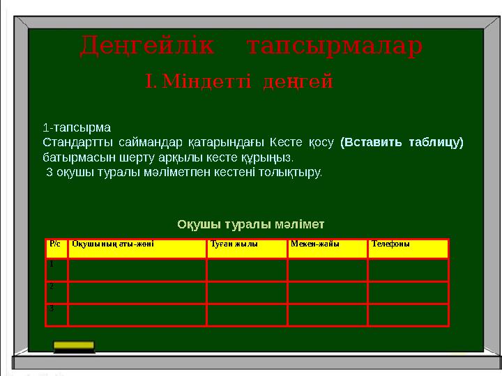 Деңгейлік тапсырмалар І . Міндетті деңгей . Р/с Оқушының аты-жөні Туған жылы Мекен-жайы Телефоны 1 2 31-тапсырма Стан