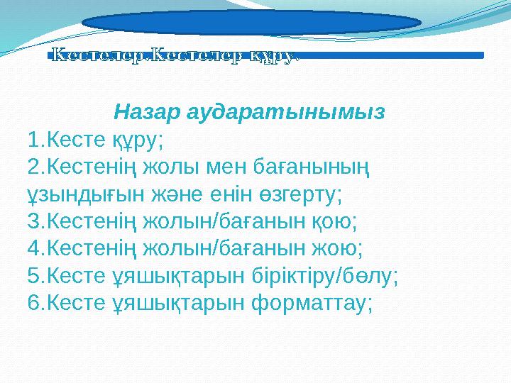 Назар аударатынымыз 1. Кесте құру; 2. Кестенің жолы мен бағанының ұзындығын және енін өзгерту; 3. Кестенің жолын/бағанын қою; 4