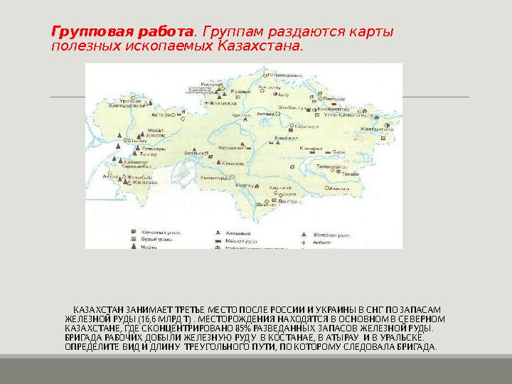 Групповая работа. Группам раздаются карты полезных ископаемых Казахстана. КАЗАХСТАН ЗАНИМАЕТ ТРЕТЬЕ МЕСТО ПОСЛЕ РОССИИ И УКР