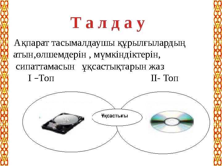 Ұқсастығы Ақпарат тасымалдаушы құрылғылардың атын,өлшемдерін , мүмкіндіктерін, сипаттамасын ұқса