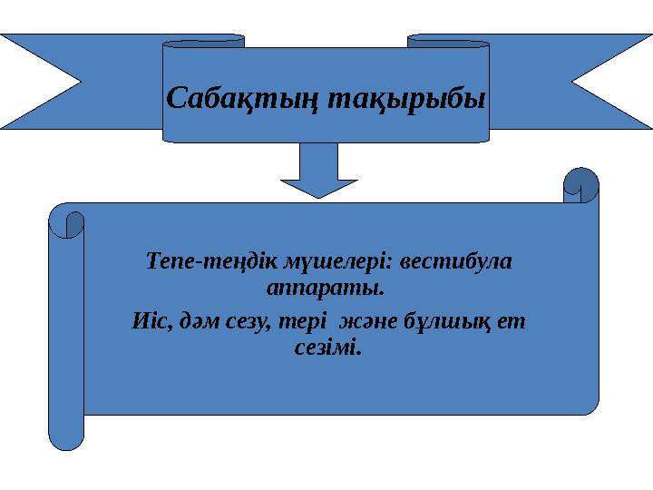 Сабақтың тақырыбы Тепе-теңдік мүшелері: вестибула аппараты. Иіс, дәм сезу, тері және бұлшық ет сезімі.