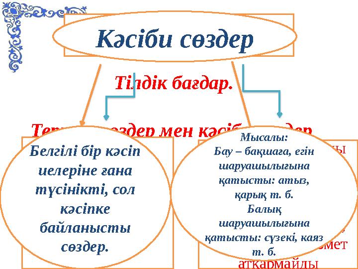 Тілдік бағдар. Термин сөздер мен кәсіби сөздер Термин сөздер Ғылым мен техниканың алуан түрлі саласына қолданылатын сөздер