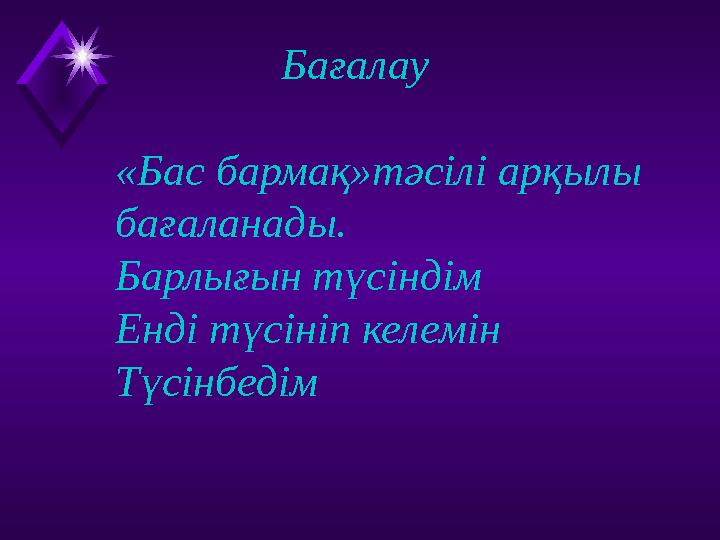 Бағалау «Бас бармақ»тәсілі арқылы бағаланады. Барлығын түсіндім Енді түсініп к