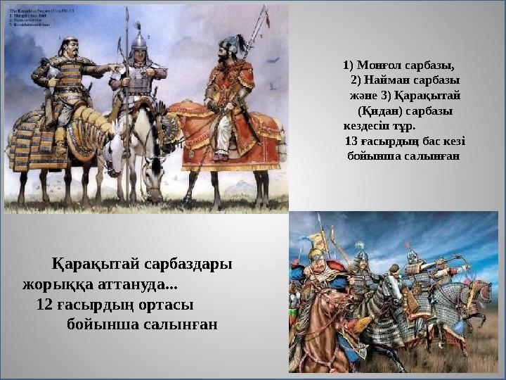 Қарақытай сарбаздары жорыққа аттануда... 12 ғасырдың ортасы бойынша салынған 1) Монғол сарба