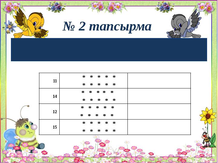 № 2 тапсырма Әр қатардың суретін толықтыр 11 * * * * * * * * * * 14 * * * * * * * * * * 12 *