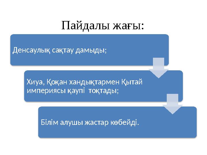 Денсаулық сақтау дамыды; Хиуа, Қоқан хандықтармен Қытай империясы қаупі тоқтады; Білім алушы жастар көбейді. Пайдалы жағы: