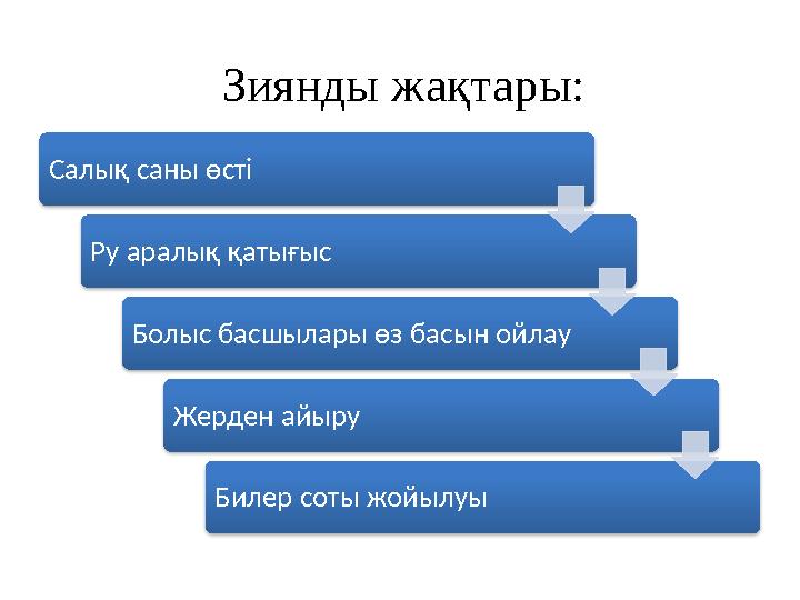 Салық саны өсті Ру аралық қатығыс Болыс басшылары өз басын ойлау Жерден айыру Билер соты жойылуы Зиянды жақтары: