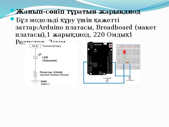 Жанып-сөніп тұратын жарықдиод Бұл модельді құру үшін қажетті заттар:Arduino платасы, Breadboard (макет платасы),1 жарықдиод