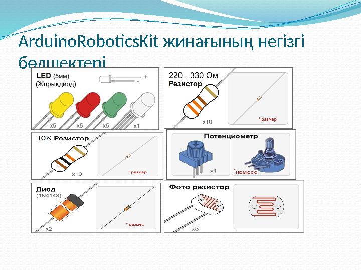 ArduinoRoboticsKit жинағының негізгі бөлшектері