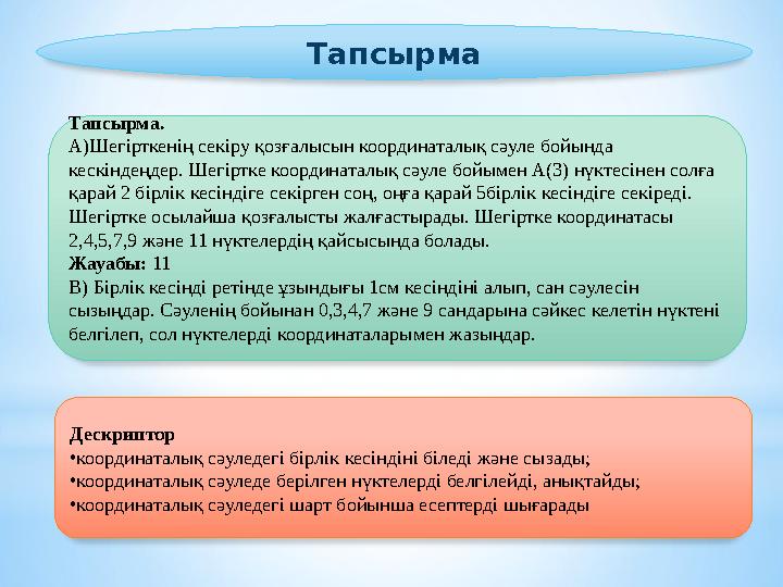 Тапсырма Тапсырма. А)Шегірткенің секіру қозғалысын координаталық сәуле бойында кескіндеңдер. Шегіртке координаталық сәуле бо
