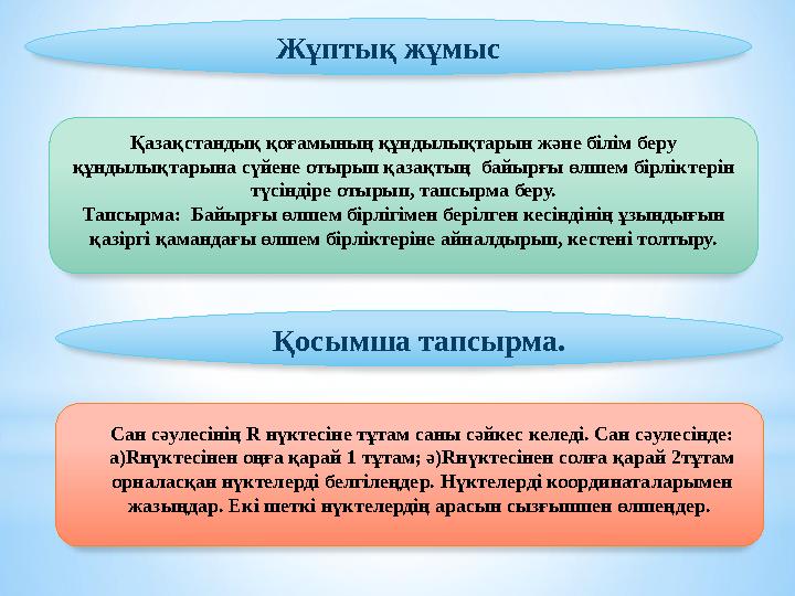 Жұптық жұмыс Қазақстандық қоғамының құндылықтарын және білім беру құндылықтарына сүйене отырып қазақтың байырғы өлшем бірлік