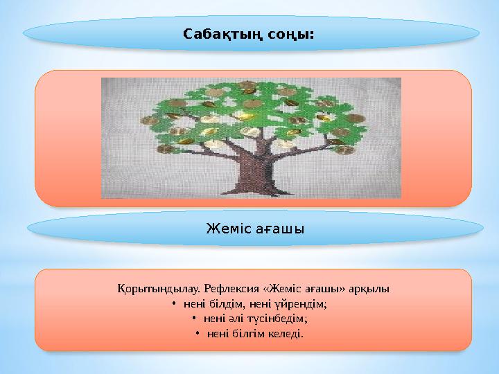 Сабақтың соңы: Жеміс ағашы Қорытындылау. Рефлексия «Жеміс ағашы» арқылы •нені білдім, нені үйрендім; •нені әлі түсінбедім;