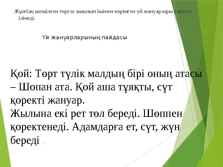 Жұмбақ шешілген терезе ашылып ішінен көрінген үй жануарлары тақтаға ілінеді. Үй жануарларын