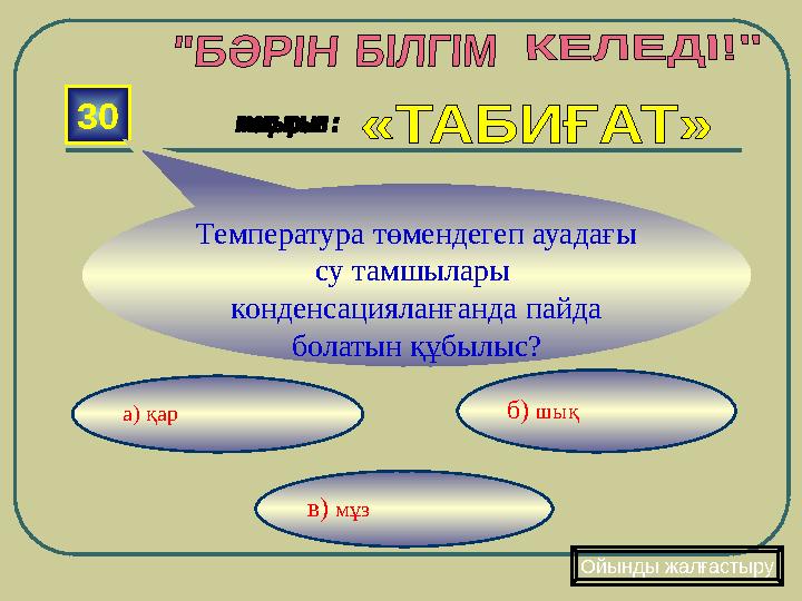 в) мұз б) шық а) қар30 Температура төмендегеп ауадағы су тамшылары конденсацияланғанда пайда болатын құбылыс ? Ойынды жал