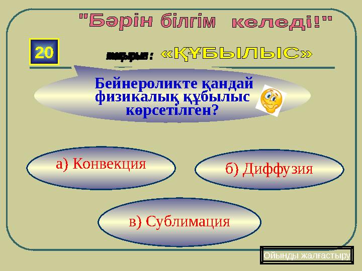 в) Сублимация б) Диффузия а) Конвекция 20 Бейнероликте қандай физикалық құбылыс көрсетілген? Ойынды жалғастыру