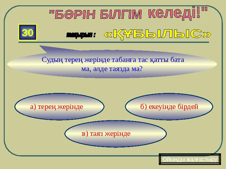 в) таяз жерінде б) екеуінде бірдейа) терең жерінде30 Судың терең жерінде табанға тас қатты бата ма, әлде таязда ма? Ойынды жа