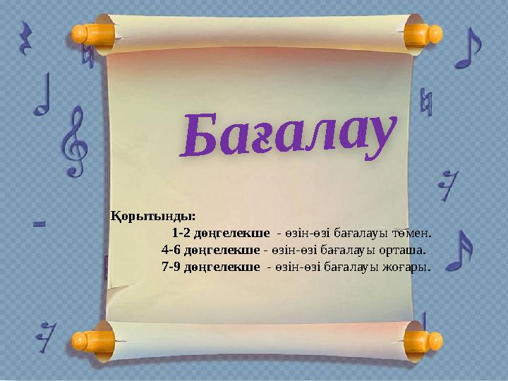 Б а ғ а л а уҚорытынды: 1-2 дөңгелекше - өзін-өзі бағалауы төмен. 4-6 дөңгелекше - өзін-өзі бағалауы орташ