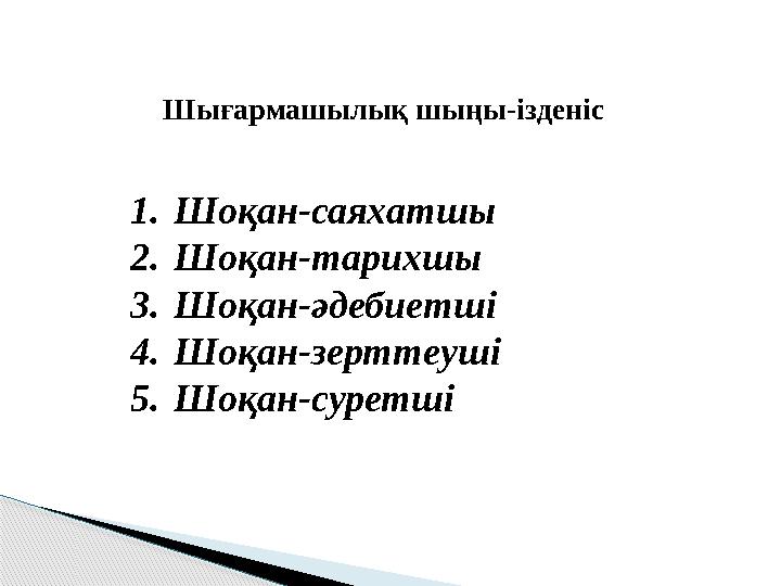 1. Шоқан-саяхатшы 2. Шоқан-тарихшы 3. Шоқан-әдебиетші 4. Шоқан-зерттеуші 5. Шоқан-суретші Шығармашылық шың