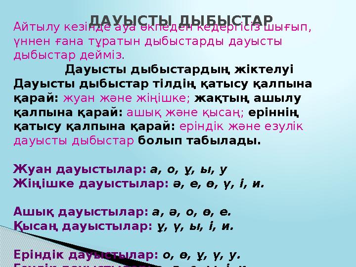 Айтылу кезінде ауа өкпеден кедергісіз шығып, үннен ғана тұратын дыбыстарды дауысты дыбыстар дейміз. Дауысты дыбыстардың жі